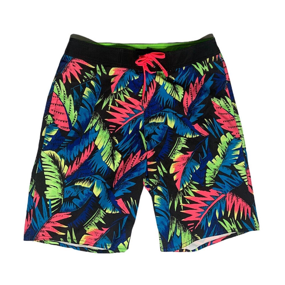 American Eagle Black Board Shorts Swim Trunks Mens‎ Bright Tropical Leaf Print M